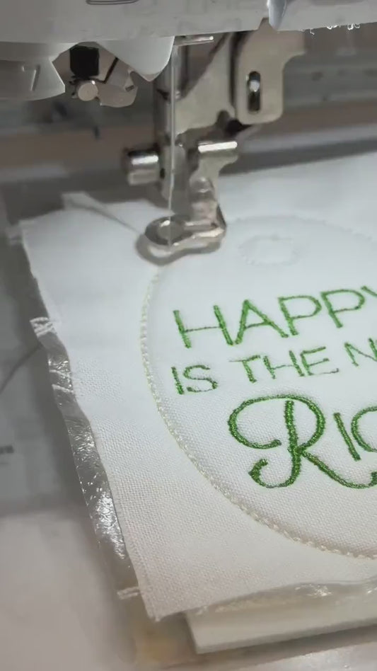 Embroidered Bag Tag Keychain | "Happy Is The New Rich" Affirmation | Luggage Tag